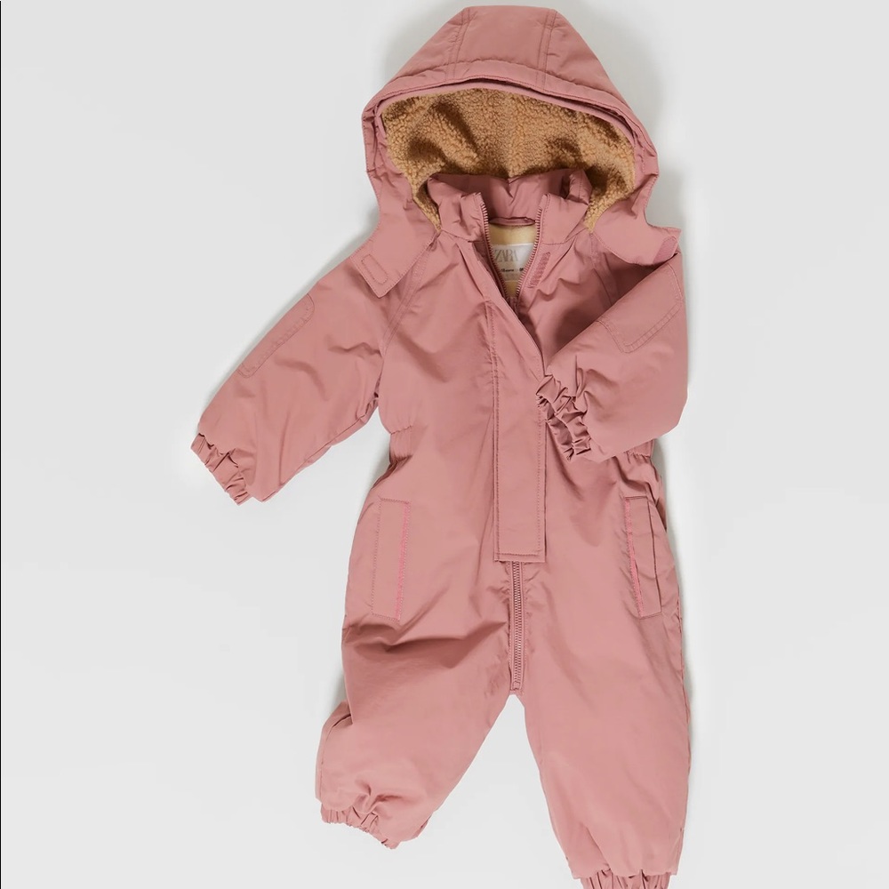LIKE NEW Zara Baby Girls Puffer Snow Coveralls Pink Snowsuit 9-12M